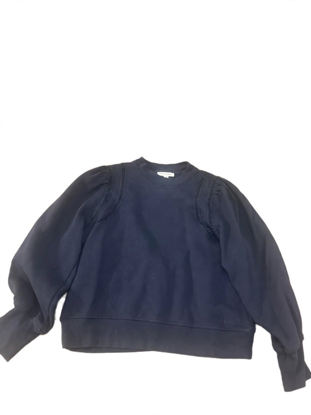 Puff-Sleeve Navy Crewneck Sweatshirt with Lace Trim